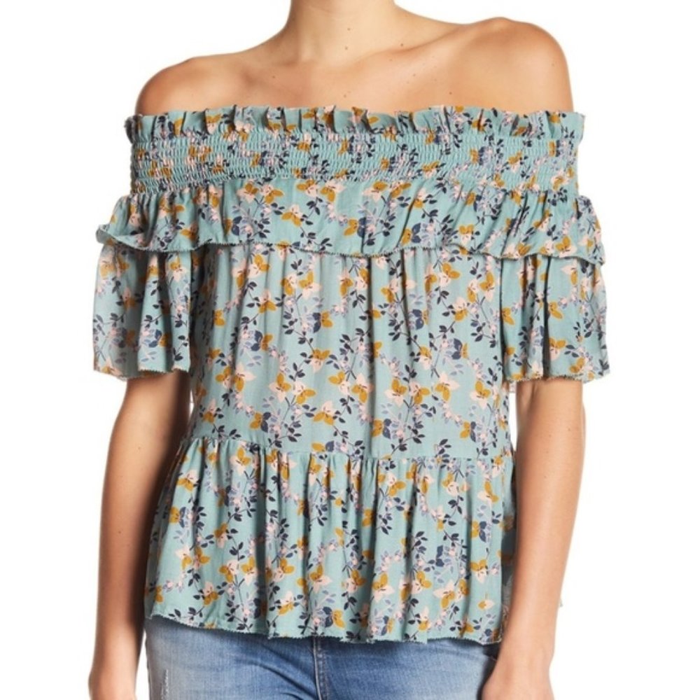 💕 NWT Green Floral Ruffle Off Shoulder Modal Blouse